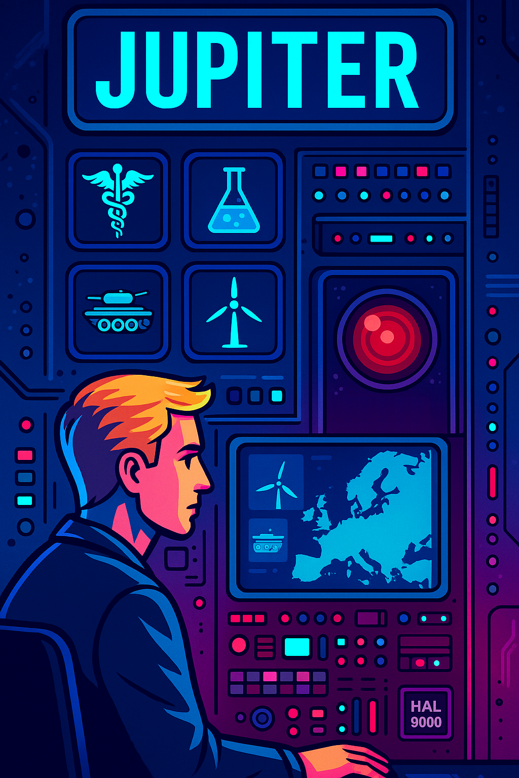 Illustrazione futuristica in stile cyberpunk del supercomputer europeo JUPITER, simbolo dell’avanzamento tecnologico in Europa. L’immagine mostra il computer illuminato di blu e viola, con schermi che visualizzano dati scientifici e medici, a rappresentare il suo impiego nella ricerca, nella medicina e nell’intelligenza artificiale.