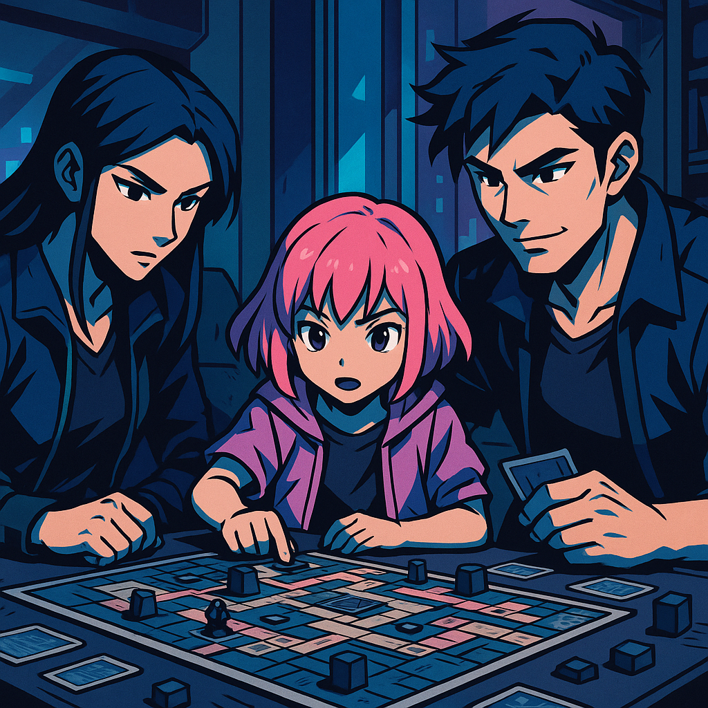 Famiglia che gioca a un gioco da tavolo in stile cyberpunk